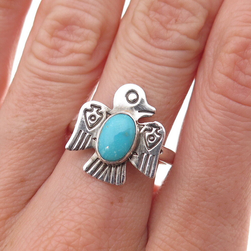 Old Pawn 925 Sterling Silver Vintage Turquoise Thunderbird Tribal Ring Size 7.75